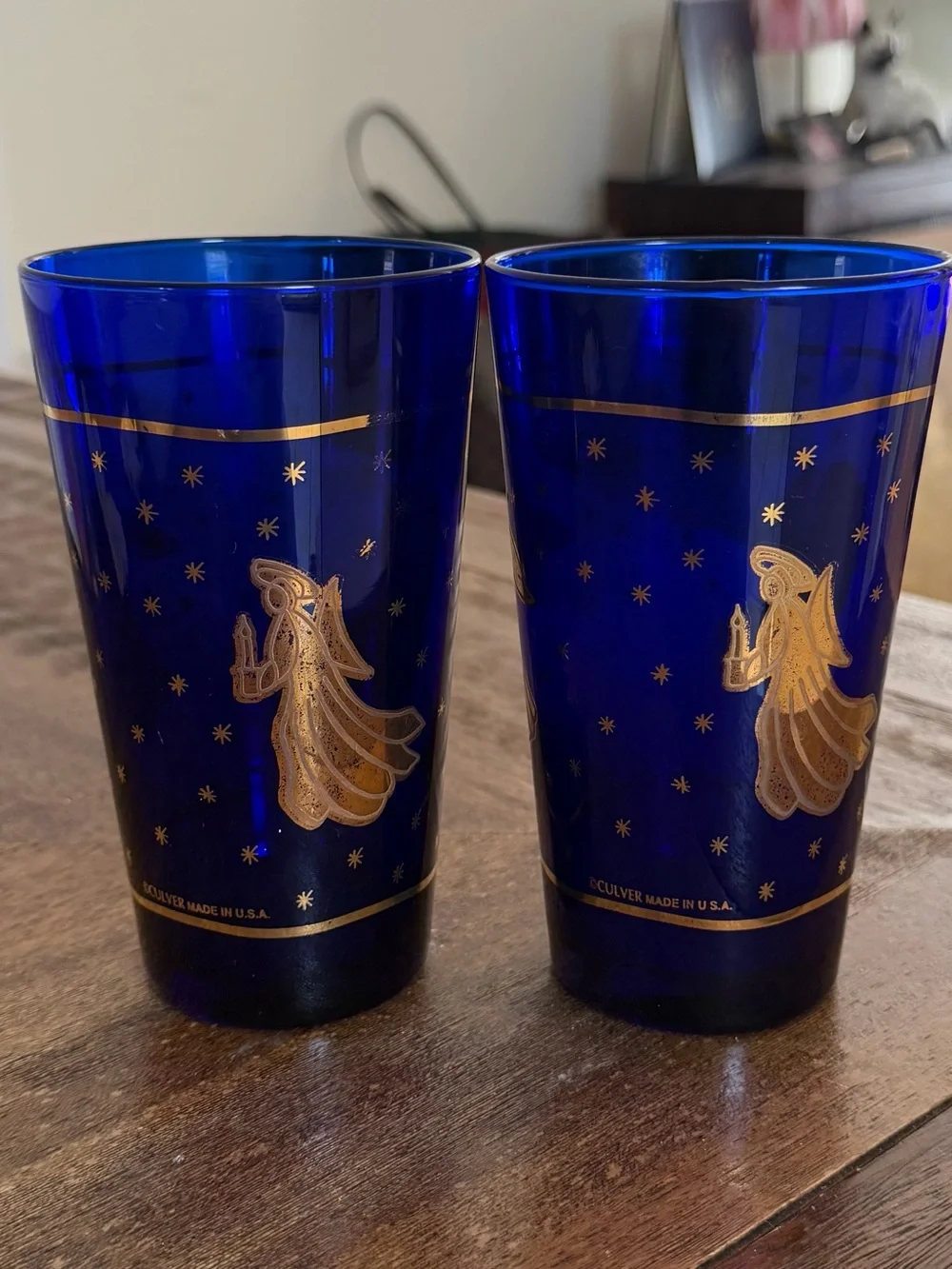 MCM Glassware: Vintage Culver Cobalt Blue and 22K Gold Angel Tumblers